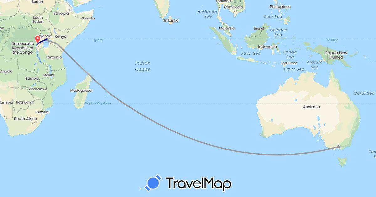 TravelMap itinerary: driving, plane, hiking in Australia, Kenya, Mauritius, Rwanda, Uganda (Africa, Oceania)